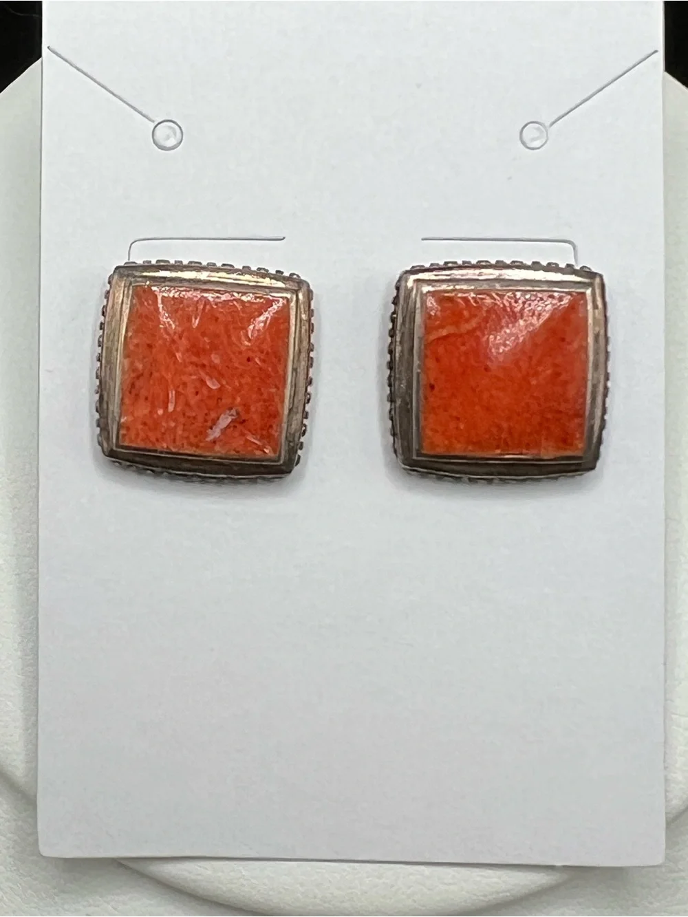 Sterling Silver (925) Orange Sponge Coral Square Stud Earrings Signed PB